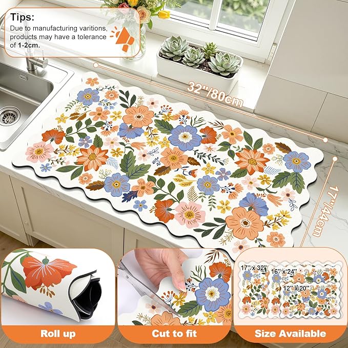 LOKHOM Scalloped Floral Dish Drying Mat, 17"x32" Super Absorbent Coffee Mat with Unique Spring Wildflowers, Cuttable Hide Stain Non-slip Drying Mat for Kitchen Counter Coffee Maker Espresso Machine - Image 2