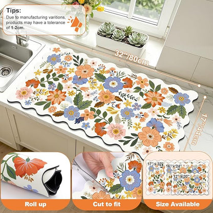 LOKHOM Scalloped Floral Dish Drying Mat, 17"x32" Super Absorbent Coffee Mat with Unique Spring Wildflowers, Cuttable Hide Stain Non-slip Drying Mat for Kitchen Counter Coffee Maker Espresso Machine - Image 2