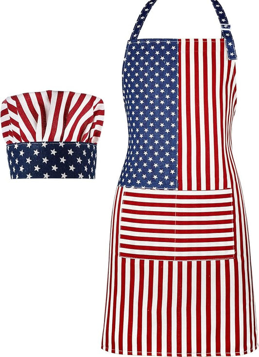 SATINIOR USA 4th of July Flag Kitchen Chef Hat Adjustable Apron 250th Independence Day Apron Patriotic Aprons for Men Women