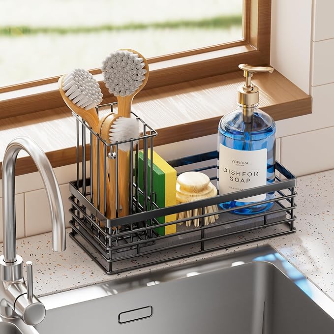 Yofidra Sponge Holder for Kitchen Sink, Sink Caddy Organizer with Stone Drying Mat, Kitchen Countertop Organizers and Storage Essentials, 304 Stainless Steel (Black, 9.3″) - Image 8