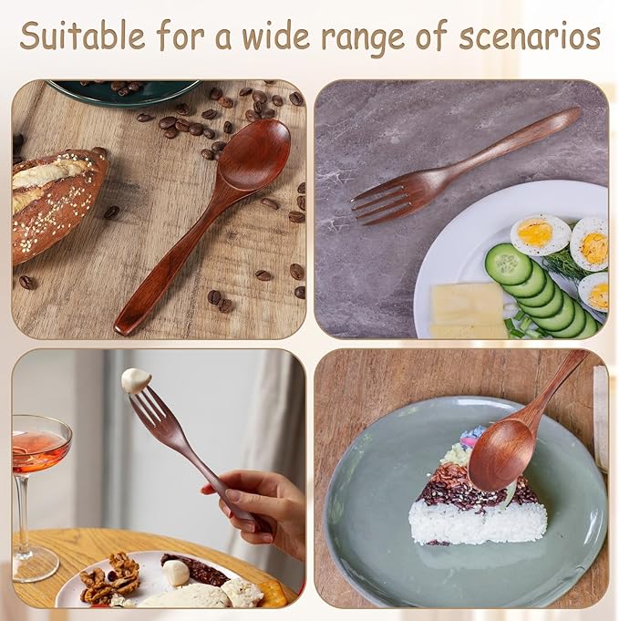 6 Pcs Wooden Utensils for Eating, Wooden Spoon Fork Cutlery Set Kitchen Wood Dinner Flatware Tableware Reusable Wood Spoon, Wooden Forks,Wooden Scraper for Travel and Camping - Image 7