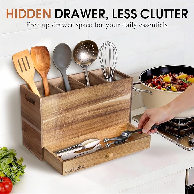 Acacia Wood Kitchen Utensil Holder for Countertop, Large Wooden Utensils Holder with 4 Compartment, Farmhouse Utensil Caddy with Drawer for Storage Cooking and Silverware