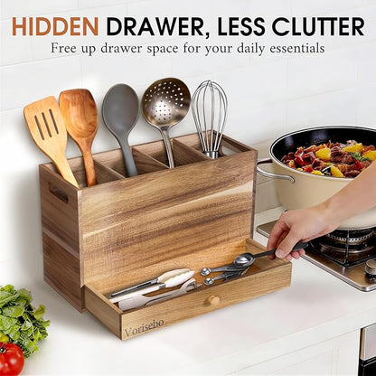 Acacia Wood Kitchen Utensil Holder for Countertop, Large Wooden Utensils Holder with 4 Compartment, Farmhouse Utensil Caddy with Drawer for Storage Cooking and Silverware