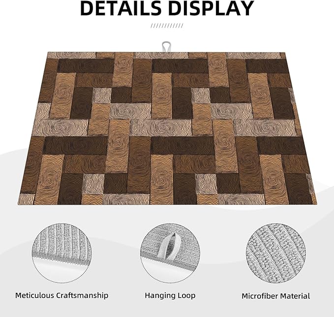 Brown Beige Dish Drying Mat Parquet Pattern Wooden Style Drying Rack Pad Countertop Dishes Ultra Absorbent Microfiber Kitchen Counter Mat 18x24 Inch