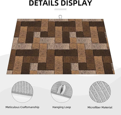 Brown Beige Dish Drying Mat Parquet Pattern Wooden Style Drying Rack Pad Countertop Dishes Ultra Absorbent Microfiber Kitchen Counter Mat 18x24 Inch
