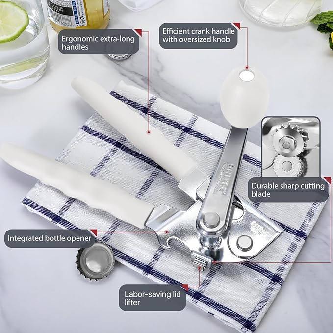 Commercial Can Opener, UHIYEE Hand Crank Can Opener Manual Heavy Duty with Comfortable Extra-long Handles, Oversized Knob, Large Handheld Can Open Easy for Big Cans, White - Image 2