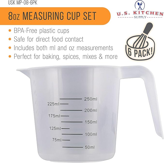 U.S. Kitchen Supply Plastic Measuring Cups with Handles - 8 oz (250 ml) Liquid Measuring Cup Set of 6 - Clear Microwave Safe Kitchen Cups - Measure in mL or Ounces, Measurement Cup for Cooking - Image 2
