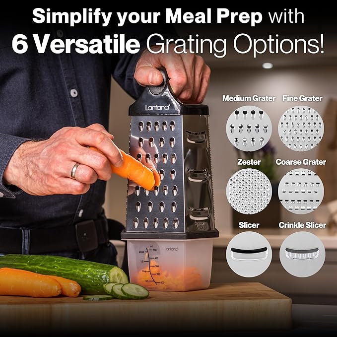 Lantana Cheese Grater for Kitchen with Container & Lid - Handheld Stainless Steel Box Food Shredder with Handle and 6 Essential Functions for Coarse, Medium, Fine, or Micro Grating/Shredding/Zesting - Image 2