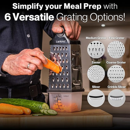 Lantana Cheese Grater for Kitchen with Container & Lid - Handheld Stainless Steel Box Food Shredder with Handle and 6 Essential Functions for Coarse, Medium, Fine, or Micro Grating/Shredding/Zesting - Image 2