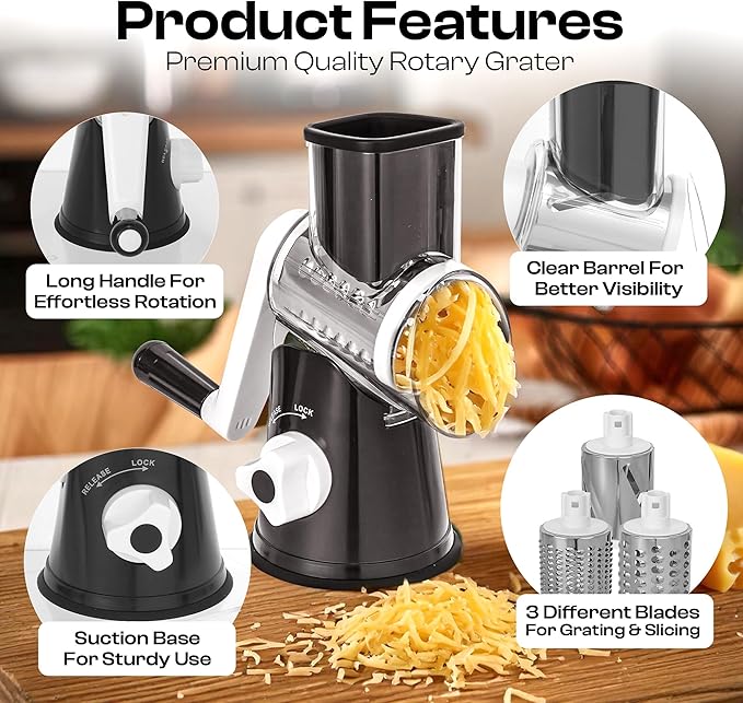 Rotary Cheese Grater Hand Crank - Cheese Shredder Hand Crank with Handle, Vegetable Shredder with 3 Stainless Steel Blades & Strong Suction Base – Round Slicer & Food Chopper for Kitchen - Image 6