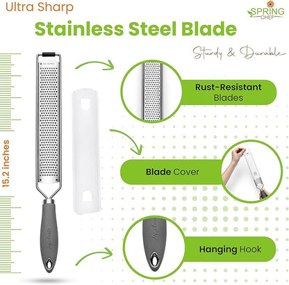 Spring Chef Stainless Steel Lemon Zester Grater with Handle - Garlic, Cheese, Parmesan, Nutmeg, Lime, Ginger Grater - Heavy Duty Kitchen Tool - Citrus Zester with Blade Cover - Fine Shred - Gray