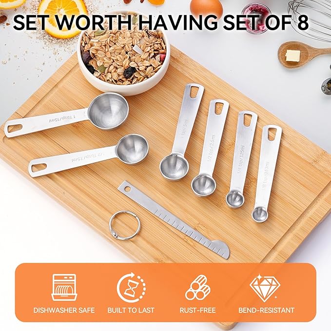 Stainless Steel Measuring Spoons Set, Dual-Scale Metric & US Measurements, Set of 7 for Dry and Liquid Ingredients