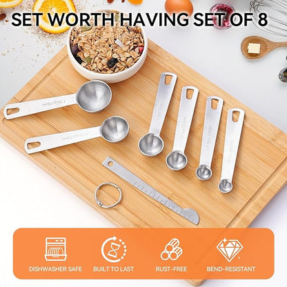 Stainless Steel Measuring Spoons Set, Dual-Scale Metric & US Measurements, Set of 7 for Dry and Liquid Ingredients