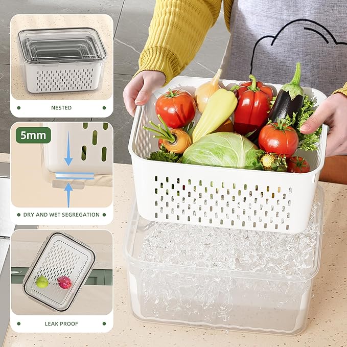 KEMETHY 5 Pack Fruit Storage Containers for Fridge with Removable Colanders - Food Storage Containers with Lids, BPA-Free Produce Containers Keep Fruits, Vegetables, Berry, Meat Fresh Longer