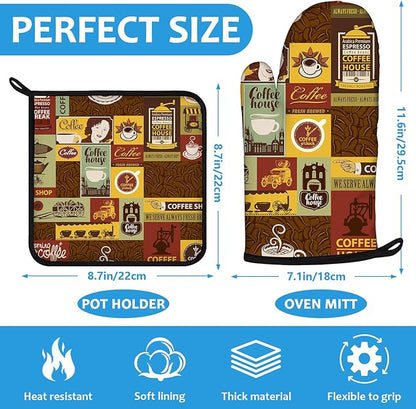 Coffee Theme Oven Mitts and Pot Holders Sets Heat Resistant 4Pcs Potholders Oven Gloves Hot Pads for Kitchen Baking Cooking Grilling BBQ