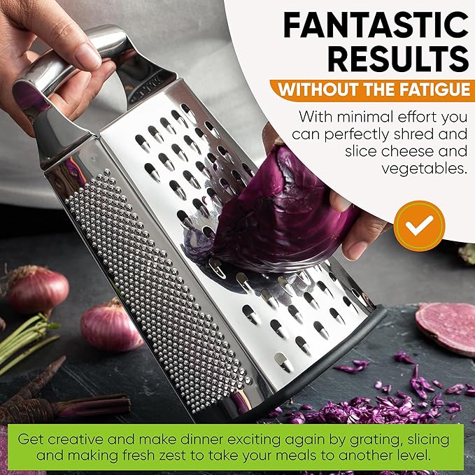 Spring Chef Professional Large Parmesan Cheese Grater, Stainless Steel Metal Box Grater with Handle, 4 Sided Handheld Kitchen Food Shredder for Cheese, Carrot, Veggie, Ginger, Potato - Dishwasher Safe - Image 3