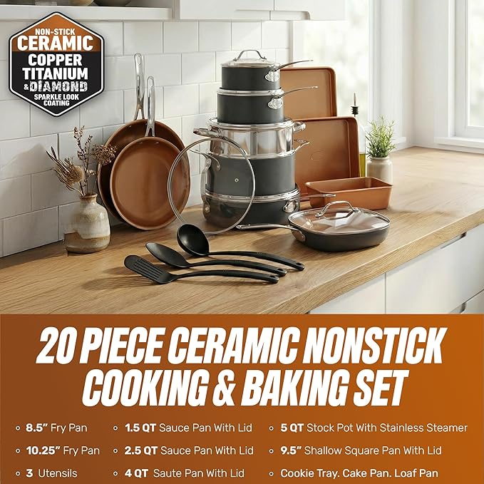 GOTHAM STEEL 20 Pc Ceramic Cookware Set, Copper Pots and Pans Set Non Stick with Bakeware, Cooking Utensils, and Steamer, Oven and Dishwasher Safe - Image 2