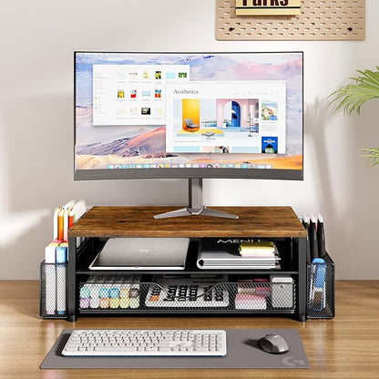 OPNICE Wood Desk Organizers and Accessories, 2-Tier Computer Monitor Stand Riser with Drawer and 2 Pen Holders, Laptop Stand, Office Desk Accessories for Office Supplies, Brown - Image 2