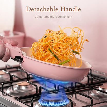 Astercook 21 Pcs Pots and Pans Set Non Stick, Ceramic Cookware Set Detachable Handle, RV Kitchen Cooking Set Removable Handles, Oven Safe, Induction Ready, Stackable, Pink, Mothers Day Gifts - Image 4