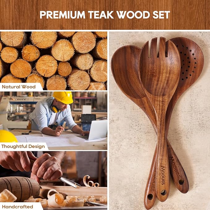 Wooden Spoons for Cooking, 6PCS Teak Wood Cookware Utensil Set with Hooks - Smooth Finish, Non-Stick, Comfortable Grip, Heat Resistant Kitchen Utensils - Image 3