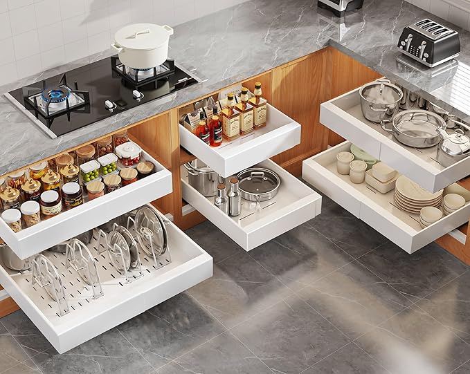 Seinloes 6Pack Expandable Pull Out Cabinet Organizer 21"Deep With Raising Pad for Framed Cabinets,Slide Out Drawers with 4pcs Divider Racks,Roll Out Shelves Adhesive,Adjustable Width 12.05"-20.4"White by Seinloes
