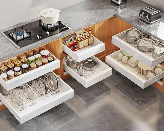 Seinloes 6Pack Expandable Pull Out Cabinet Organizer 21"Deep With Raising Pad for Framed Cabinets,Slide Out Drawers with 4pcs Divider Racks,Roll Out Shelves Adhesive,Adjustable Width 12.05"-20.4"White by Seinloes