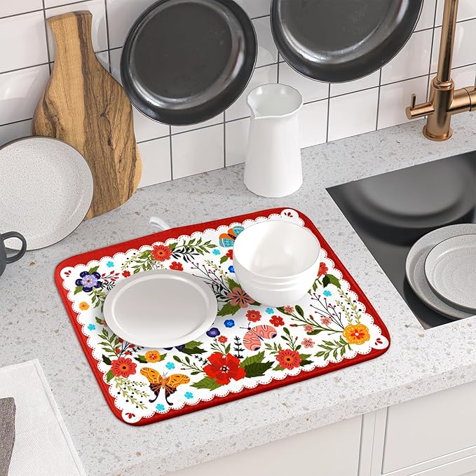 Flowers Printed Dish Drying Mat Floral Coffee Mat for Kitchen Counter Small - Image 6