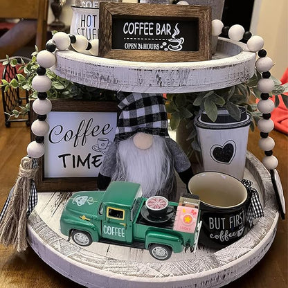 Coffee Bar Decor Vintage Mini Metal Pickup Truck Decorations with Book Accessories for Coffee Station, Farmhouse Tiered Tray Table Decorations for Home Kitchen, Office, Cafe