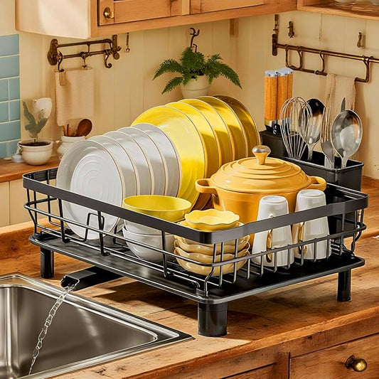 MOUKABAL Dish Drying Rack, Dish Rack, Stainless Steel Dish Racks for Kitchen Counter, Dish Drainer with Removable Utensil Holder, Drainboard (Black,13''W x 17''L) by MOUKABALGREATHELPER