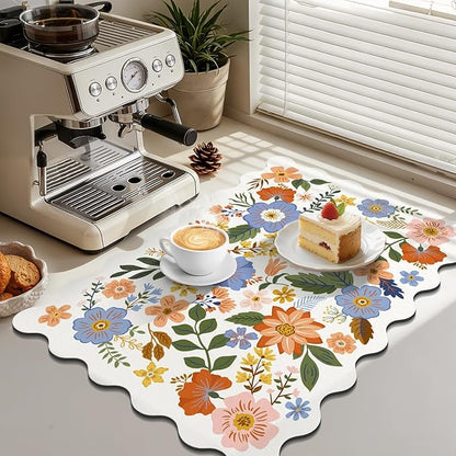 LOKHOM Scalloped Floral Dish Drying Mat, 18"x24" Super Absorbent Coffee Mat with Unique Spring Wildflowers, Cuttable Hide Stain Non-slip Drying Mat for Kitchen Counter Coffee Maker Espresso Machine - Image 4