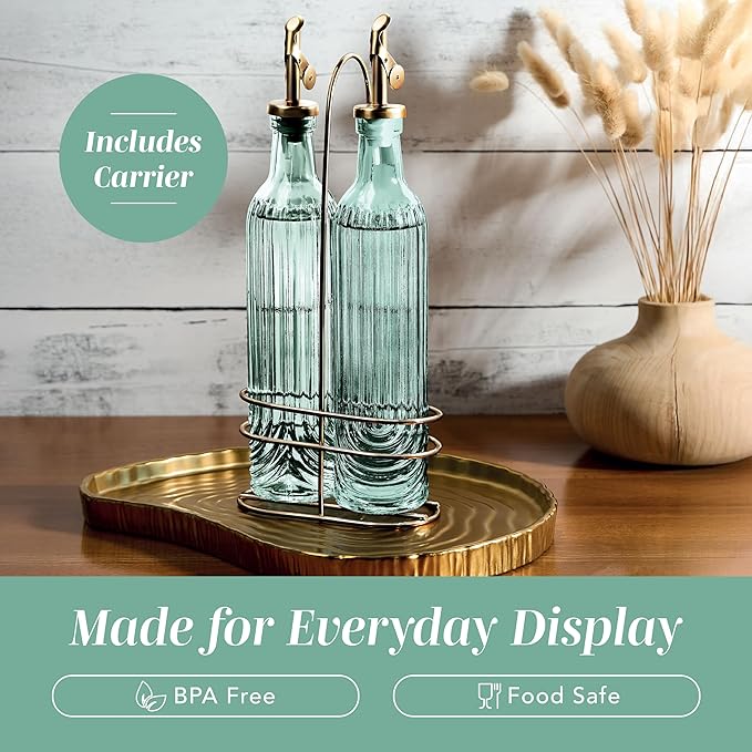 COOK WITH COLOR Glass Olive Oil Bottle Dispenser - 2 Pack- 17oz Oil and Vinegar Cruet - Olive Oil Carafe Decanter for Kitchen, Elegant Fluted, Green - Image 6
