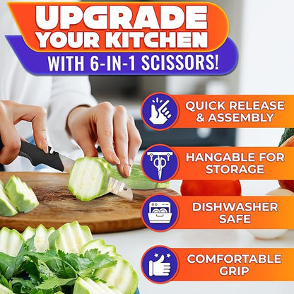 Cutting Board Scissors for Food – 6-in-1 Kitchen Shears with Ribbed Blade, Automatic Spring & Safety Lock, Dishwasher Safe – Cheese Scissors for Easy Slicing of Meat, Fish, Veggies, Fruits & Bread - Image 4