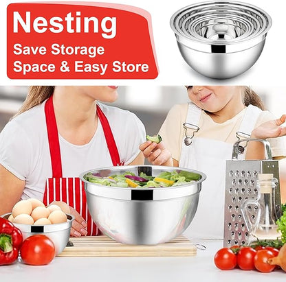 E-far Mixing Bowls with Lids, 12-Piece Stainless Steel Salad Bowls Metal Nesting Bowls for Baking Cooking and Prepping, Airtight Lids & Stackable Design, Size 7, 4.5, 3, 1.5, 1.2, 0.7 QT (Red) - Image 6