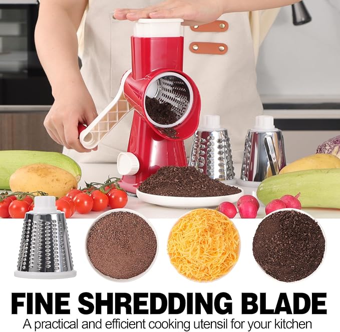 Cheese Grater Cheese Shredder with 3 Interchangeable Blades, Rotary Cheese Grater Manual Vegetable Slicer with Non-slip Suction Base Peanut Nuts Grinder Vegetable Shredder Red - Image 4