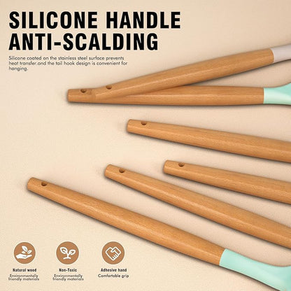 Silicone Cooking Utensils Set - AVGPD Silicone Kitchen Utensils for Cooking Wooden Handles, 446°F Heat Resistant Kitchen Utensil Spatula Sets, Gadgets for Non-Stick Cookware BPA FREE (Multicolour) - Image 3