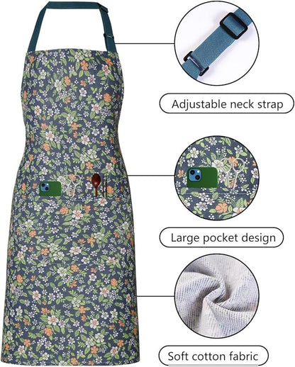 2 Pack Floral Apron for Women with Pockets, Adjustable Cotton Chef Aprons for Kitchen, Cooking, BBQ & Grill