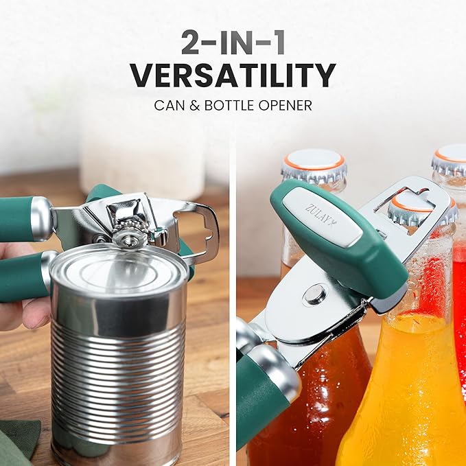 Zulay Kitchen Heavy Duty Stainless Steel Can Opener Manual with Bottle Opener - Rust Proof Manual Can Opener With Turn Knob & Comfy Soft Grip Handles - Pine Green - Image 7