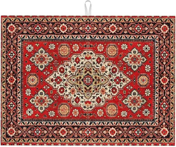 Royal Red Moroccan Dish Drying Mat Old Red Persian Carpet Texture Abstract Drying Rack Pad Countertop Dishes Ultra Absorbent Microfiber Kitchen Counter Mat 18x24 Inch