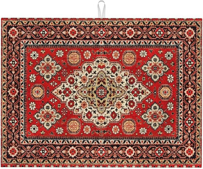 Royal Red Moroccan Dish Drying Mat Old Red Persian Carpet Texture Abstract Drying Rack Pad Countertop Dishes Ultra Absorbent Microfiber Kitchen Counter Mat 18x24 Inch
