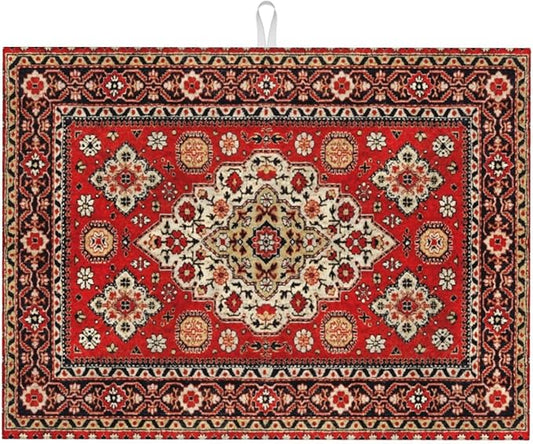 Royal Red Moroccan Dish Drying Mat Old Red Persian Carpet Texture Abstract Drying Rack Pad Countertop Dishes Ultra Absorbent Microfiber Kitchen Counter Mat 18x24 Inch