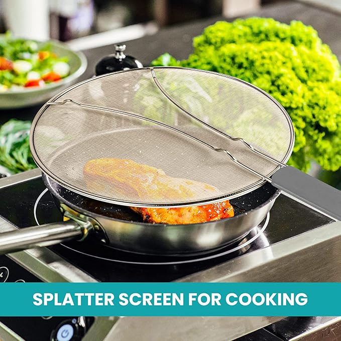 13" Grease Splatter Screen for Cooking | Stainless Steel Oil Splatter Guard and Ultra-Fine Mesh Protects Skin from Burns | TPR Tight-Grip Handle (Grey) - Image 3