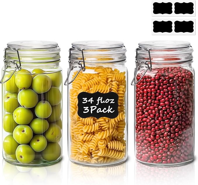ComSaf 1 Quart Glass Jars with Airtight Lids (32oz, Set of 3), Straight-Sided Canisters for Sourdough Starter & Fermenting, 1L Hermetic Pantry Storage for Flour, Sugar, and Coffee by ComSaf
