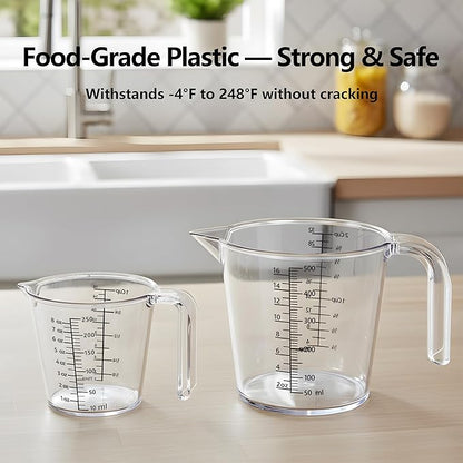 Laser-Etched Measuring Cup Set, 8 oz & 16 oz Clear Plastic Liquid Measuring Cups, Permanent oz/cup/Tbsp/mL Markings, Food-Grade for Baking & Cooking