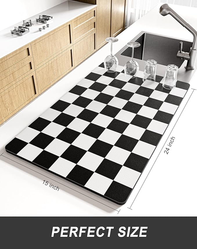 Rnivvi Dish Drying Mat for Kitchen Counter, XL 15 x 24" Cute Checkered Absorbent Draining Pad, Non-Slip Heat Resistant Coffee Bar Mat for Coffee Machine Station Accessories, Black White Dish Rack Pad - Image 2