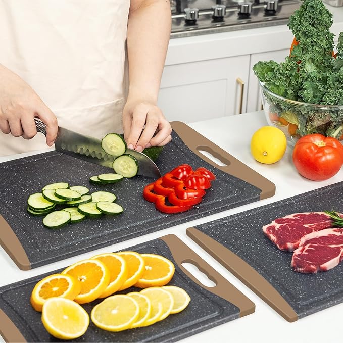 Extra Large Cutting Boards, Plastic Cutting Boards for Kitchen (Set of 3) Cutting Board Set Dishwasher Chopping Board with Juice Grooves Easy-Grip Handles, Brown, Empune - Image 7