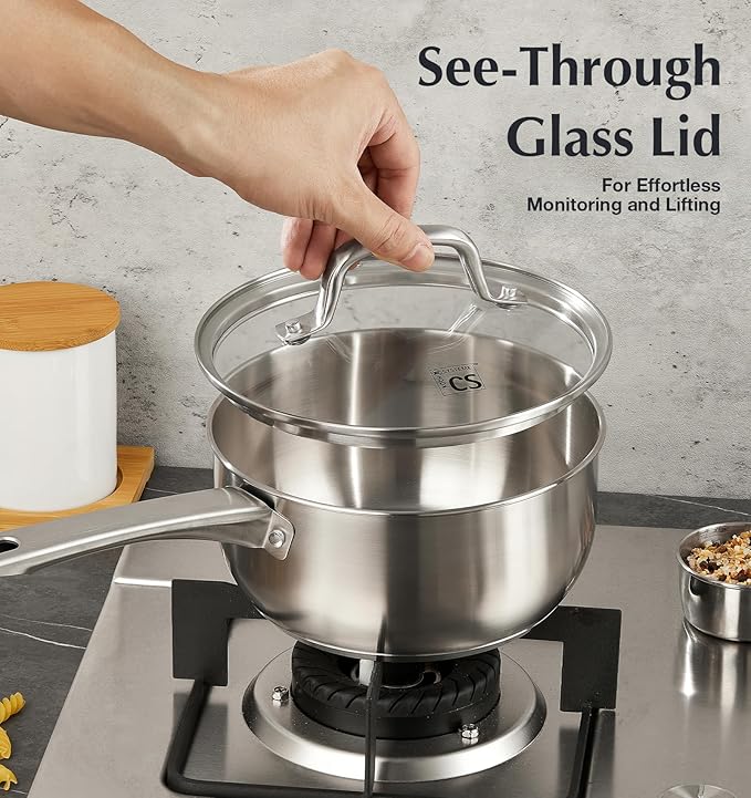 KOCH SYSTEME CS 1 Quart Stainless Steel Saucepan, 1 Quart Saucepan with Lid, Premium Steel Sauce Pan, Indutcion Sauce Pan with Lid, Small Sauce Pot, Stainless Steel Pot 1 QT, Oven Safe - Image 4