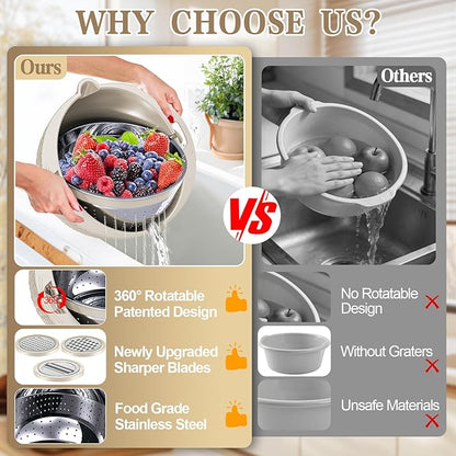 4-1 Colander with Bowl Set - Rotatable Colander for Kitchen (Patented), Upgraded Graters Food Strainers for Pasta Fruits and Vegetables, Funny Presents for Women, Aesthetic Kitchen Gadget - Beige - Image 2