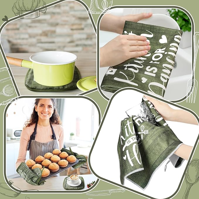 Fourluoo 10 Pcs Farmhouse Kitchen Decor and Accessories Set 4 Kitchen Towels 2 Pot Holders 2 Oven Mitts 2 Rugs for Cooking Baking Mom Housewarming Gifts(Sage Green,Classic Style) - Image 6