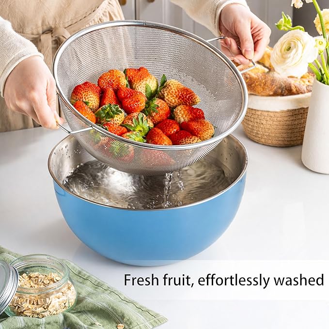 304 Stainless Steel Kitchen Colander Set, 3.5QT Colander with Handle and Bowl, 40 Mesh Fine Strainer, Fast Draining for Rice, Pasta, Fruits & Vegetables, Dishwasher Safe