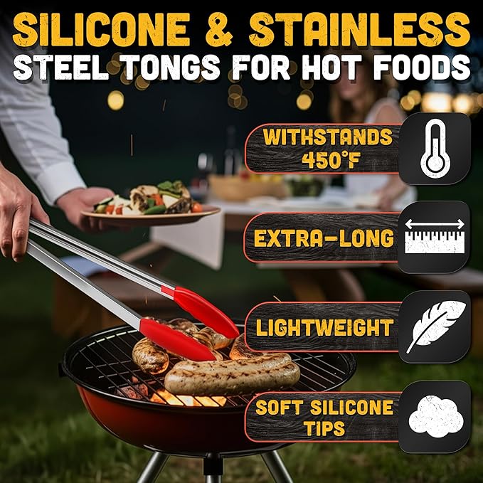 Salad Tongs - 17.3" Extra Long Tongs with Silicone Tip & Stainless Steel Frame for Salad Mixing & Serving, Safe Turning of Steaks, Burgers & Veggies - Easy-Lock Handle, Non-Slip Grip & Storage Loop - Image 3